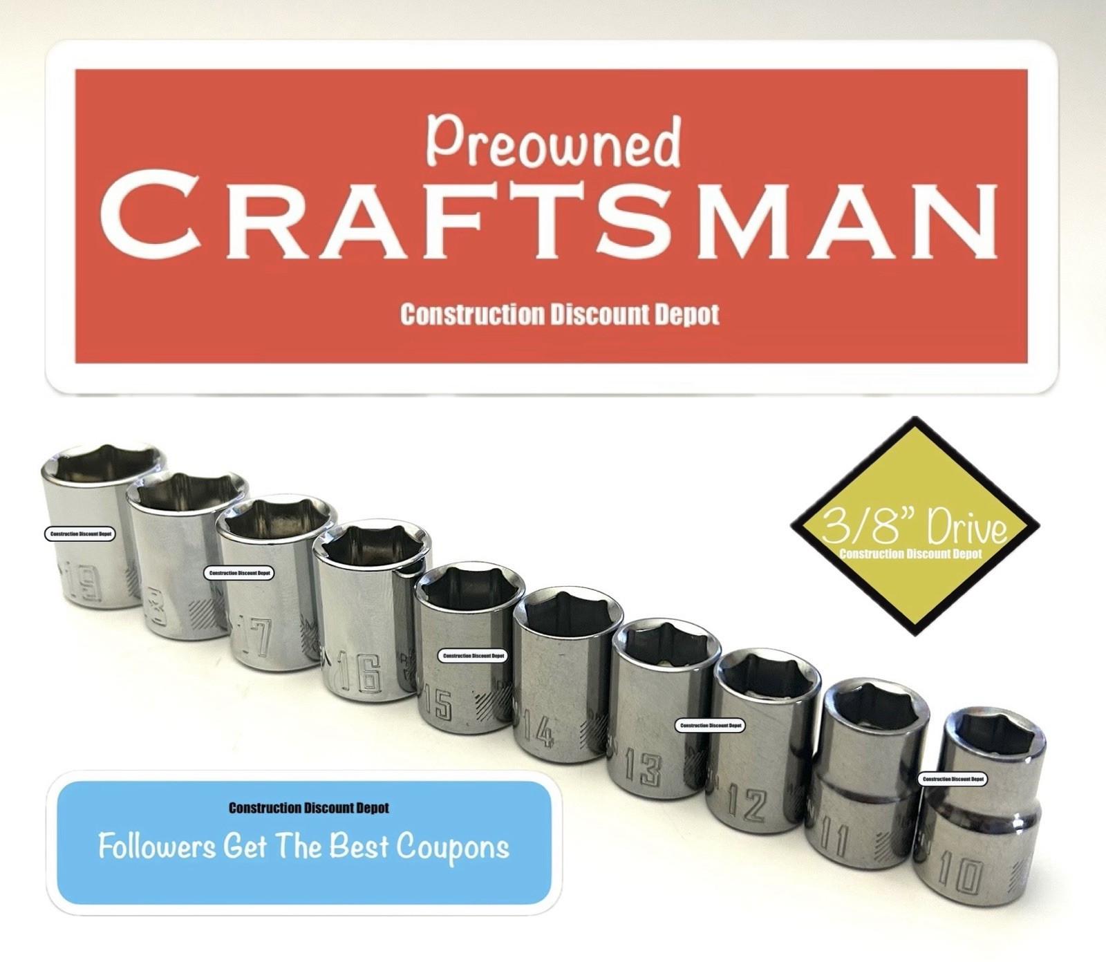 Used Craftsman  10 Piece  3/8 In. Drive 6 Point MM Socket Shallow Set