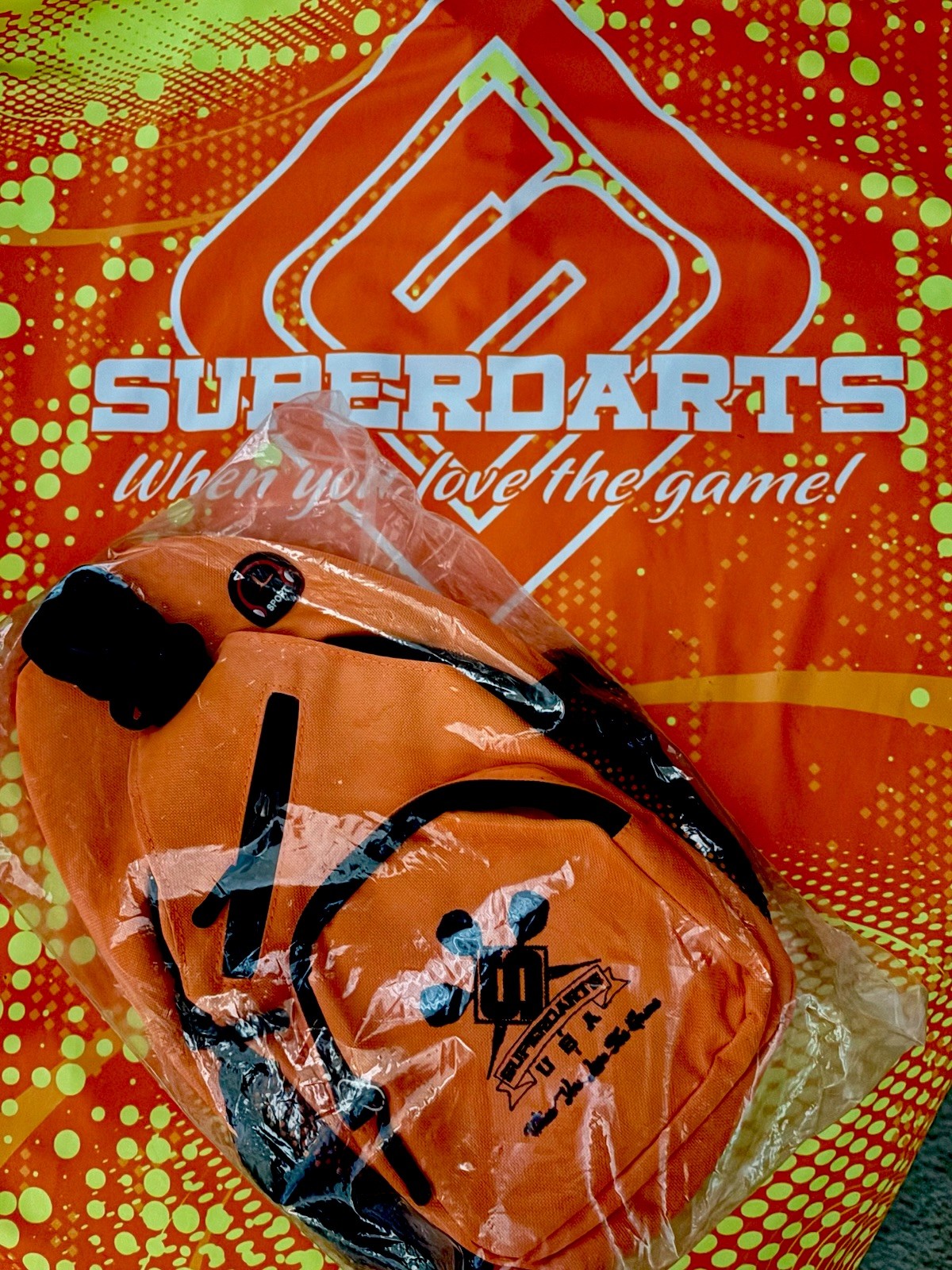 SUPERDARTS FLIGHT FACTION DART JERSEY LARGE NEON ORANGE BLACK SLING BAG BACKPACK