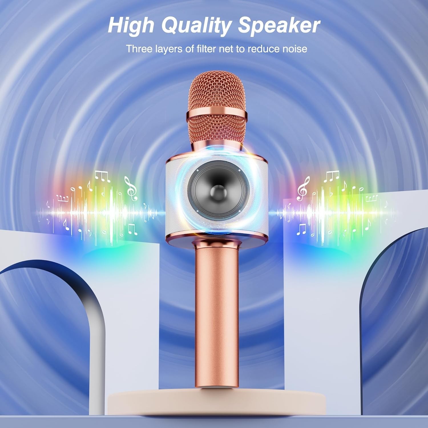 Rose Gold Wireless Bluetooth Karaoke Microphone with Volume Control for All Ages