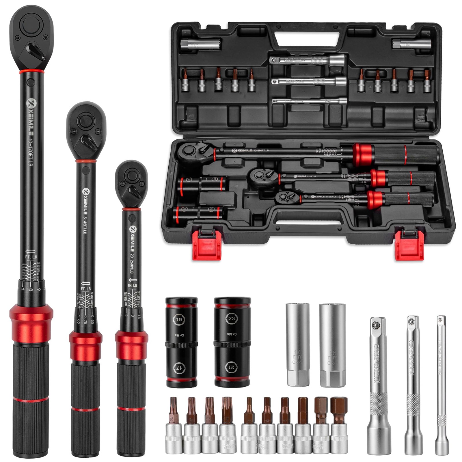 1/4 3/8 1/2-inch Drive Click Torque Wrench, 20Pcs Torque Wrench Set 20-260 in...