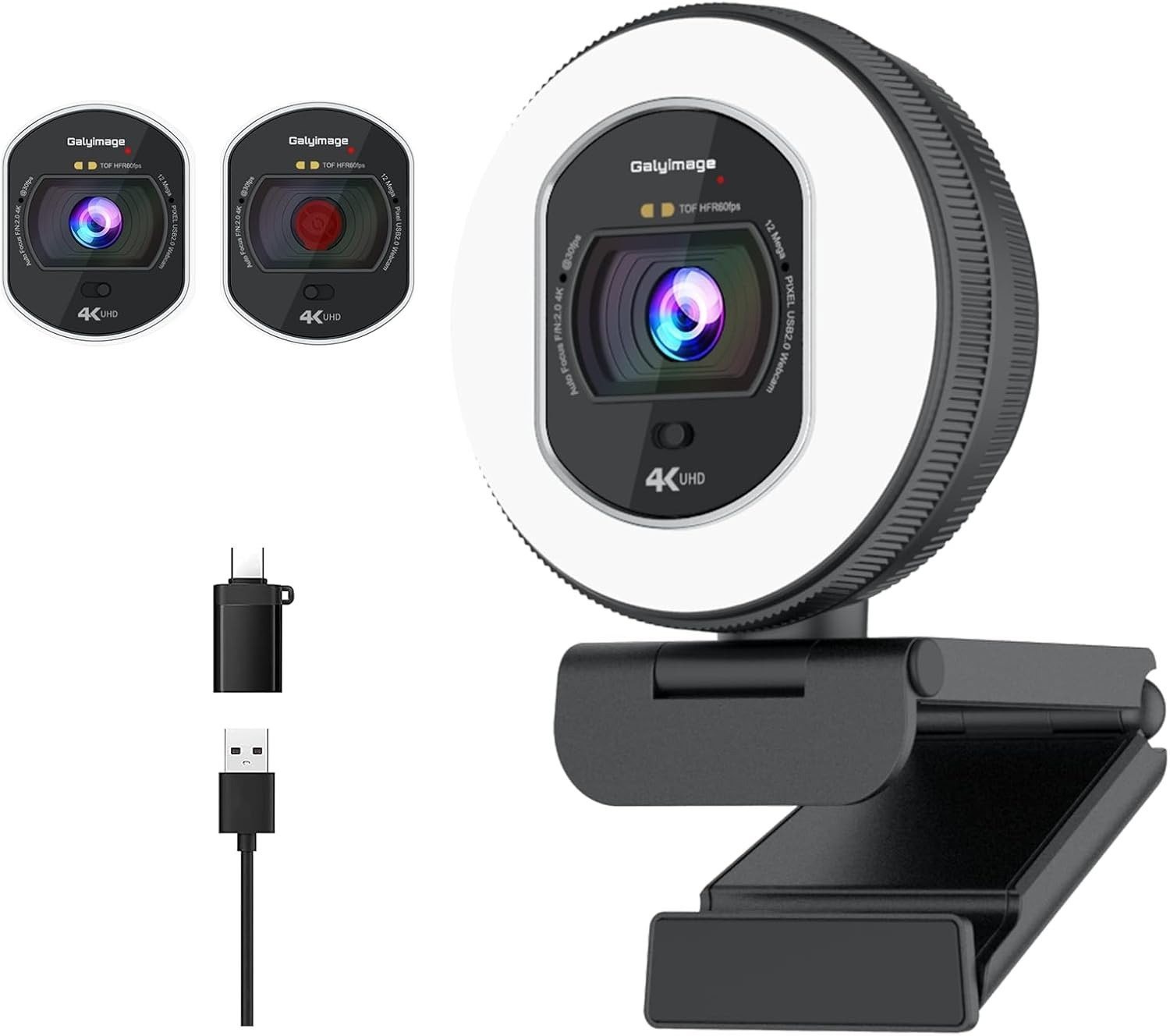 4K Webcam with Ring Light Web Cam 4K Autofocus with TOF Computer Camera 1080P