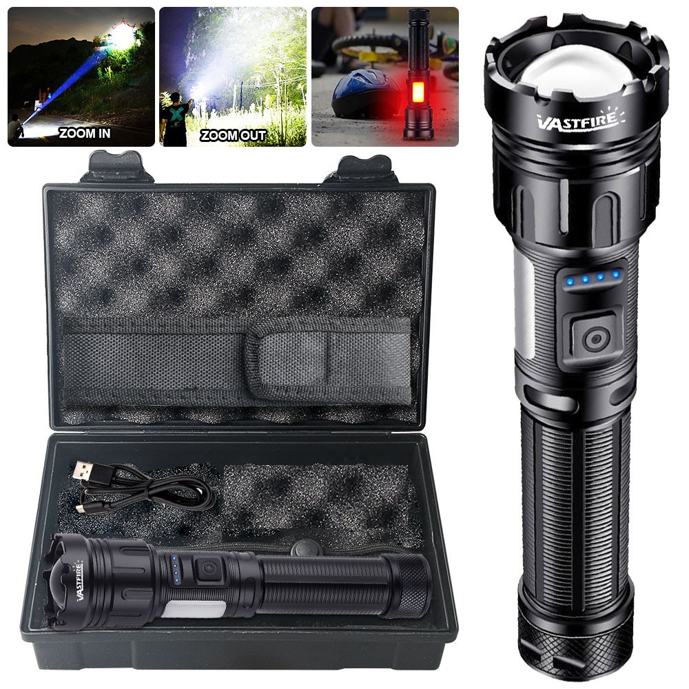 Zoom LED Flashlight Work Light USB Type-C Charging COB Side Light Torch +Battery