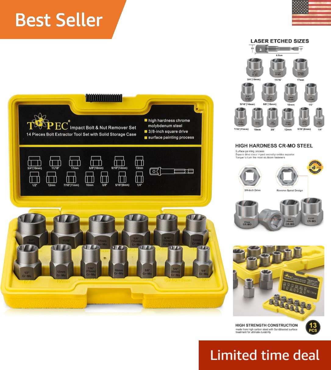 13+1 Impact Bolt & Nut Remover Set – 3/8" Drive, Rust-Resistant Finish