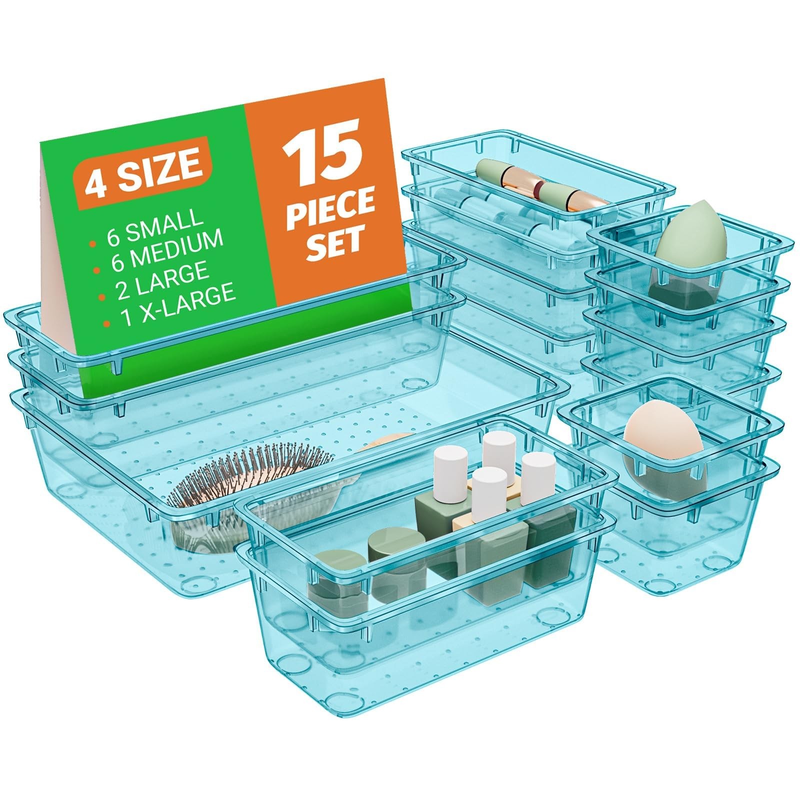 15 PCS Clear Plastic Drawer Organizer Set, 4-Size Acrylic Drawer Storage Tray...