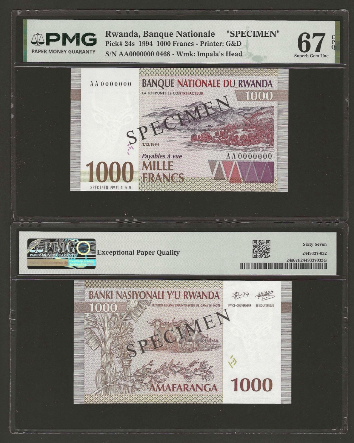 RWANDA 1000 Francs 1994, P-24s SPECIMEN, PMG 67 EPQ Superb Gem UNC, Scarce