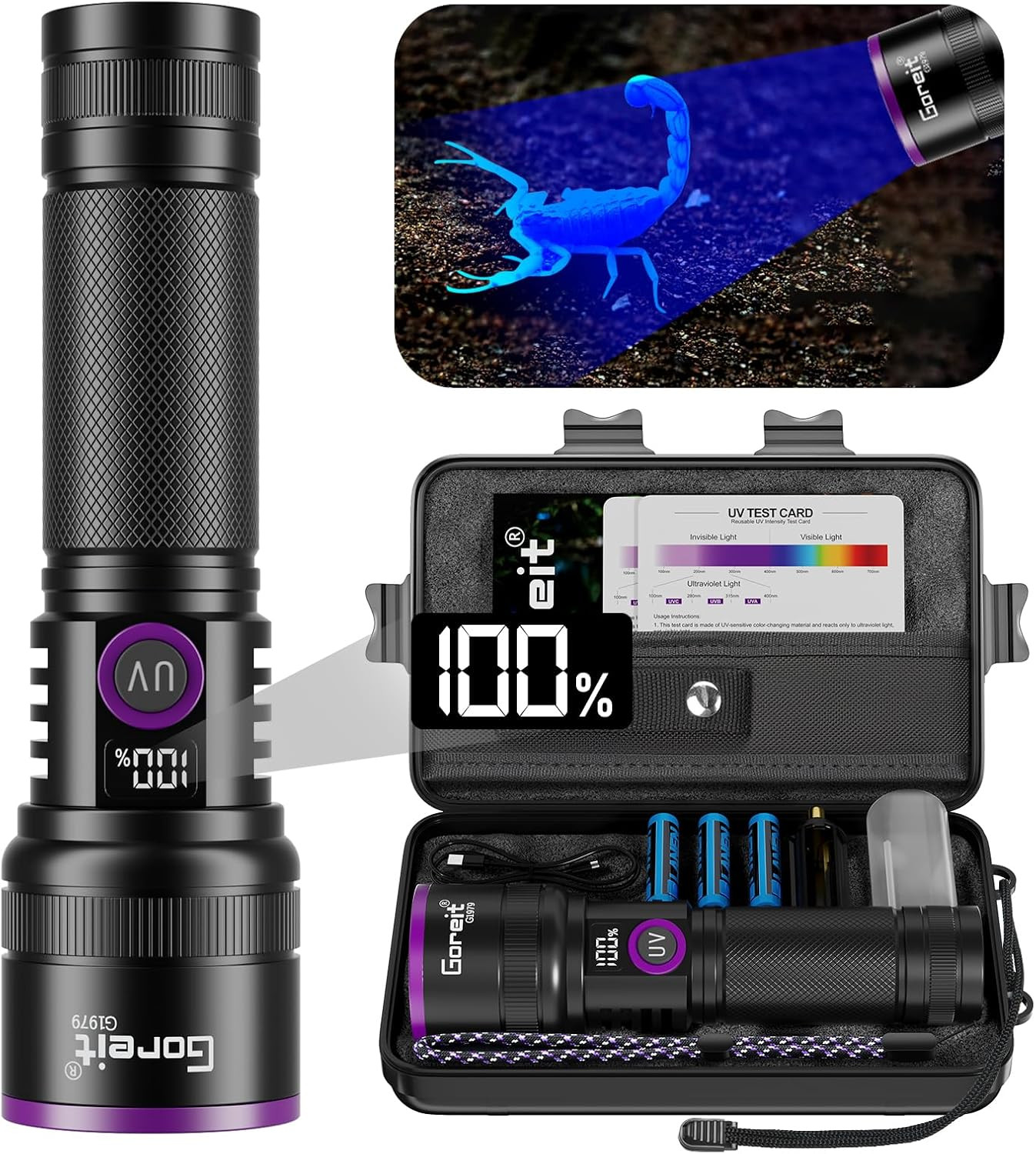 365Nm Black Light with Filter Lens - 30W Strong UV Light Flashlight Rechargeable