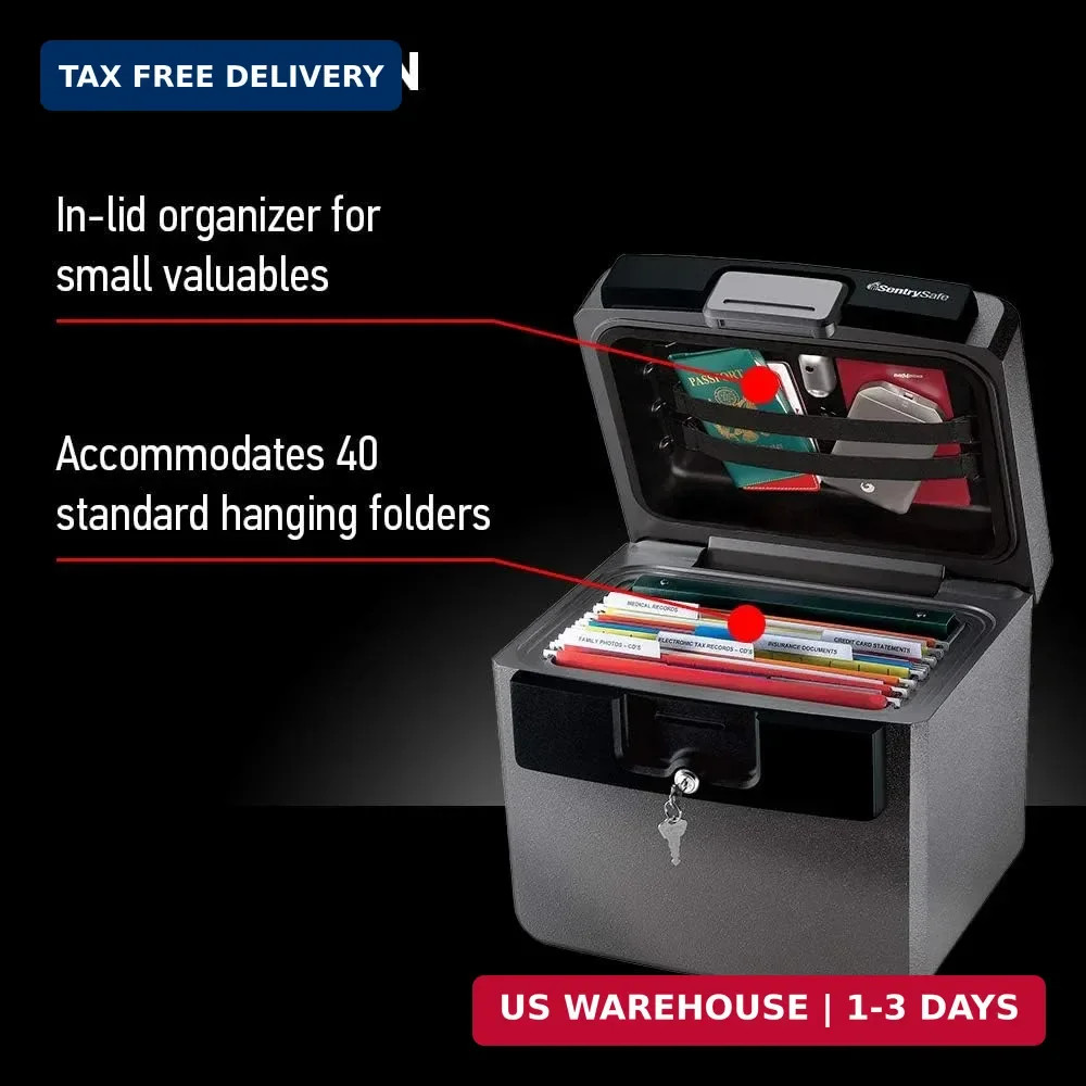 Black Fireproof and Waterproof Safe, File Folder and Document Box with Key Lock,