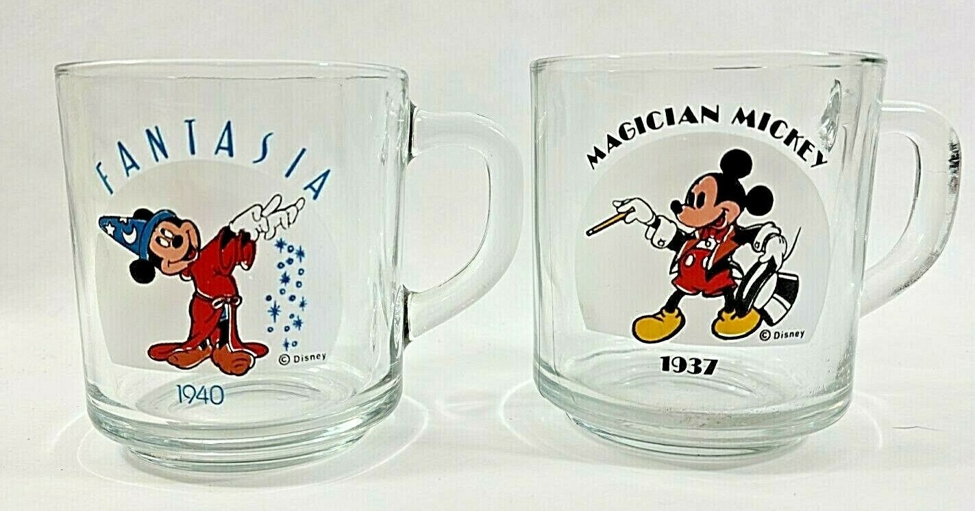 Lot of 2 VTG Disney Magician Mickey Mouse & Fantasia Clear Tea Glass Coffee Mug