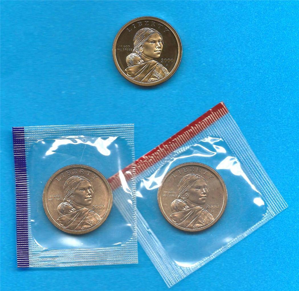 2000 P D and S BU and Gem Proof Sacagawea Native American Dollars - Three Coins