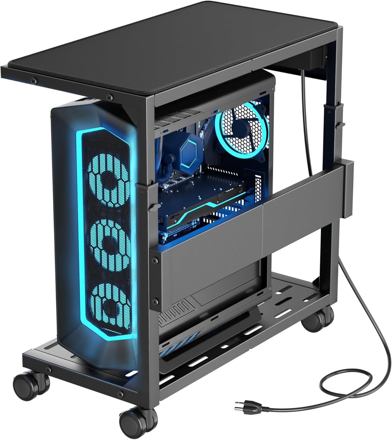 Adjustable Rolling PC Stand with Power Strip - Heavy Duty Metal Cart, Black