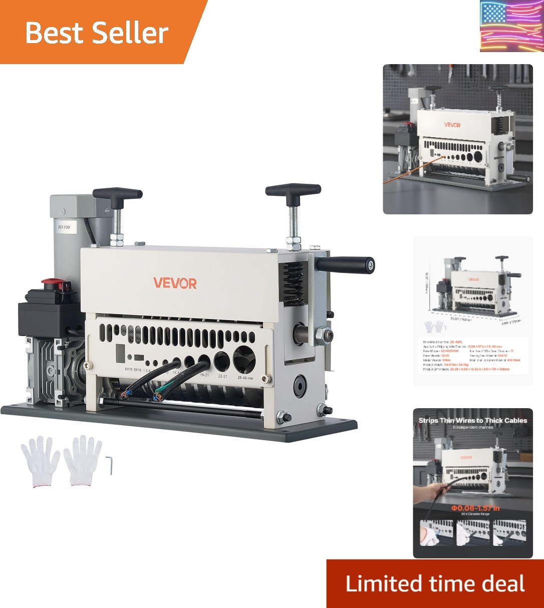 Electric Wire Stripper Machine, 0.06-1.57 in, 11 Channel Automatic Copper Cab...
