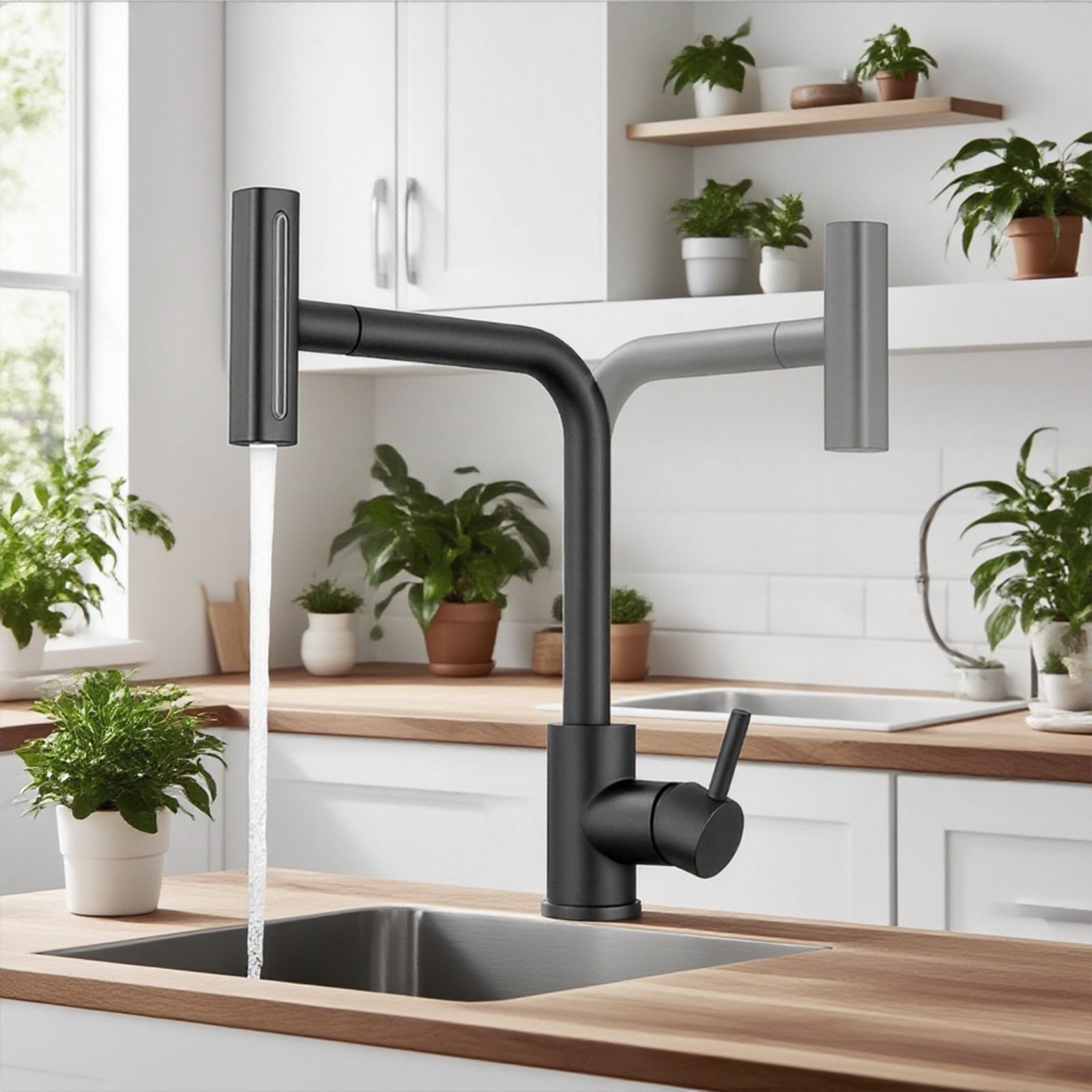 Kitchen Sensor Sink Black Faucet Stainless Steel Pull Down Sprayer Swivel Mixer