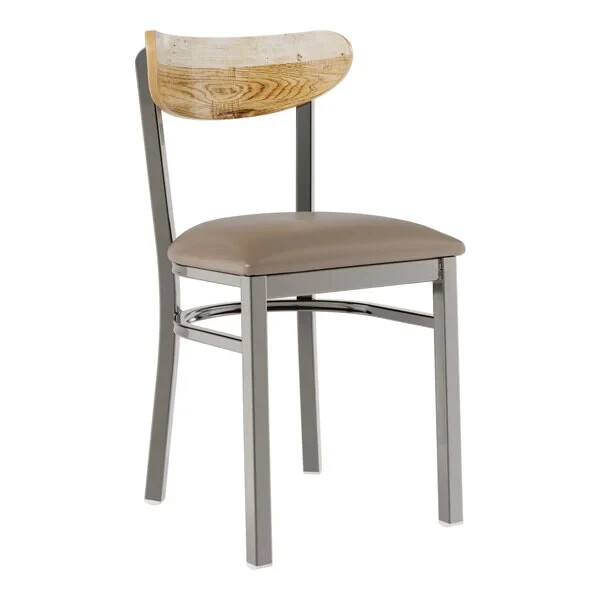 Boomerang Back Clear Coat Metal Dining Chair, Taupe Vinyl Seat & Driftwood Back