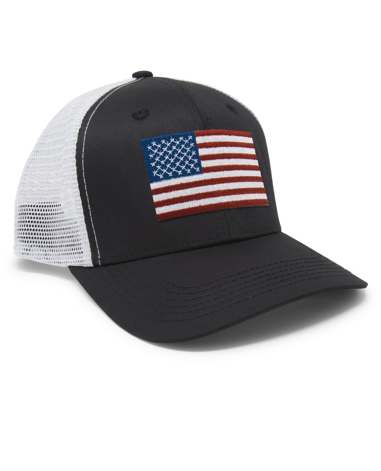 American Flag Hat - USA Flag Patriotic Trucker Baseball Snapback (Black/White)