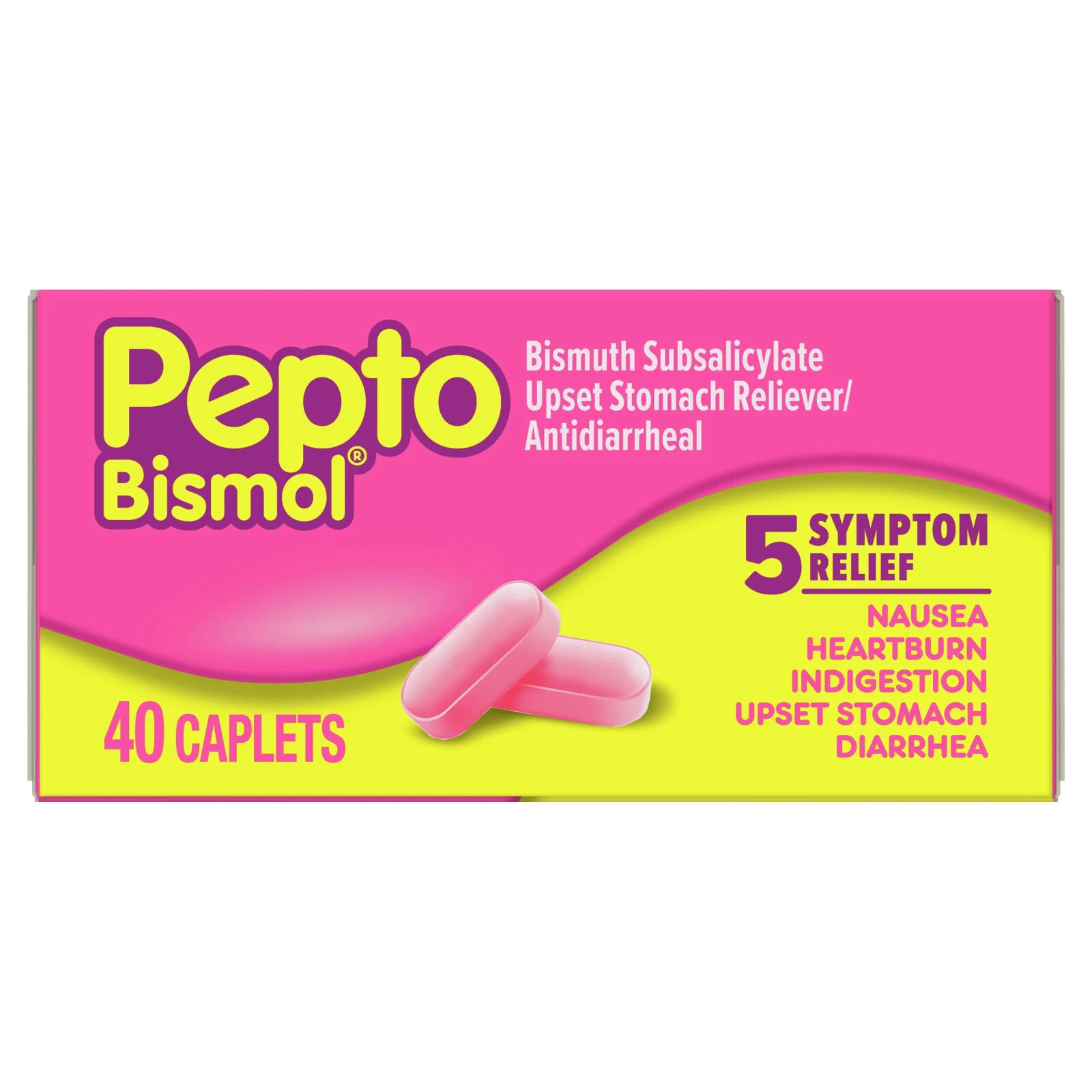 Pepto Bismol Caplets for Upset Stomach & Diarrhea Relief, Over-the-Counter 40 Ct