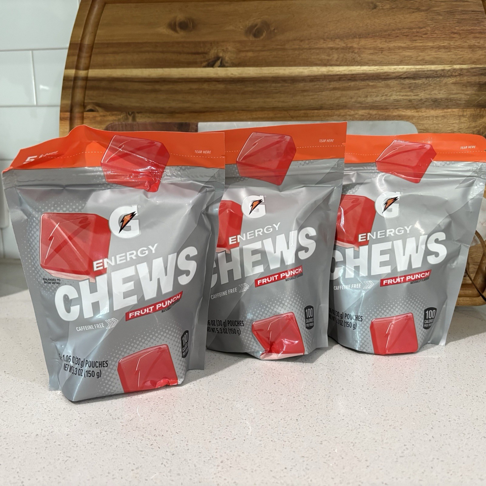 LOT OF 3 BAGS Gatorade Energy Chews Fruit Punch ~ 1 Bag = 5 Pouches ~ NEW