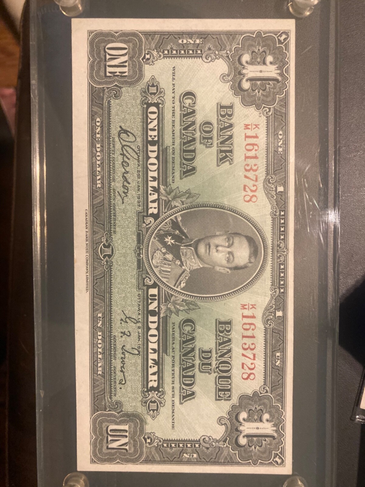 AU 1937 BANK OF CANADA ONE 1 DOLLAR BANKNOTE  K/M 1613728 GORDON TOWERS