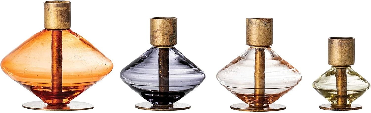 Multi-Color Glass & Metal Set of 4 Taper Holder Brass AH1593