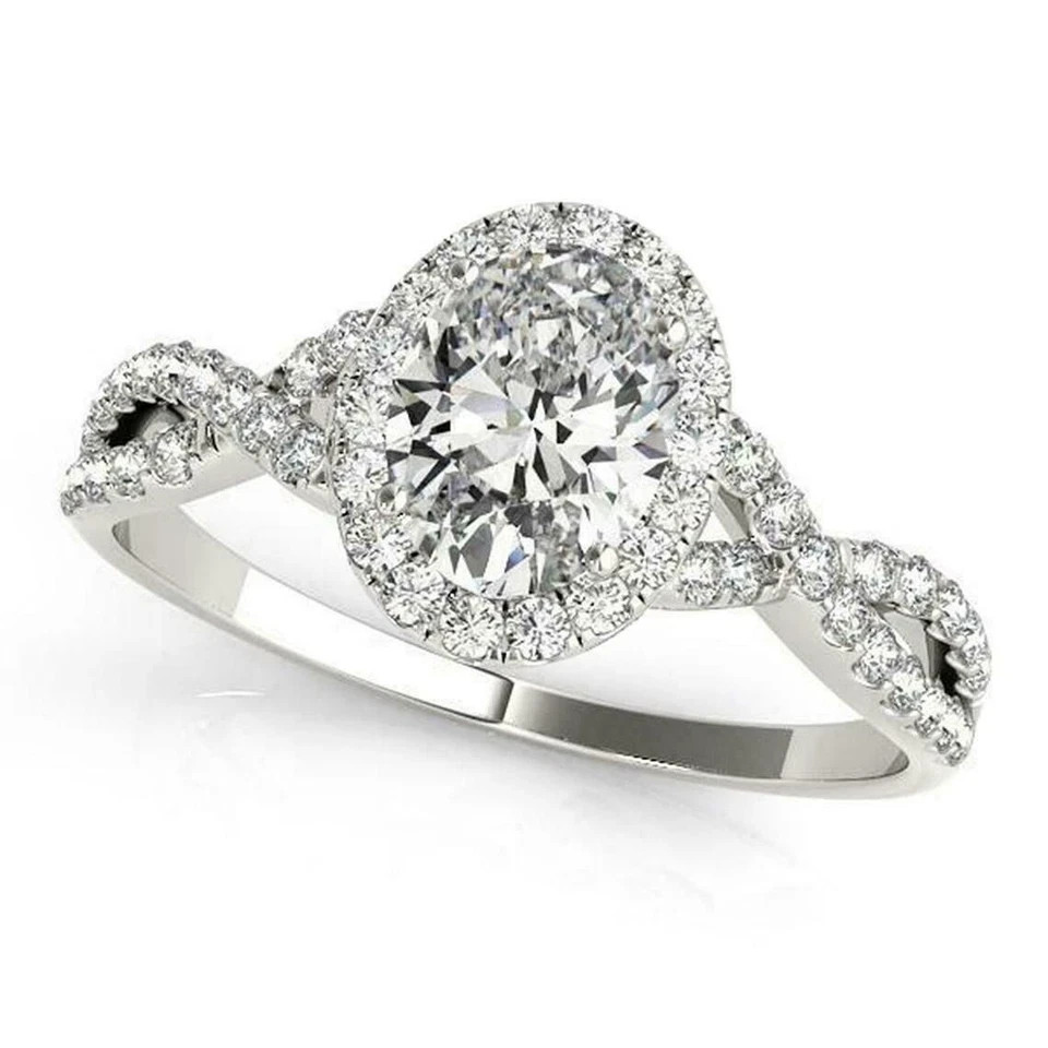 3Ct Oval lab created diamond Infinity Halo Engagement Ring Solid White Gold