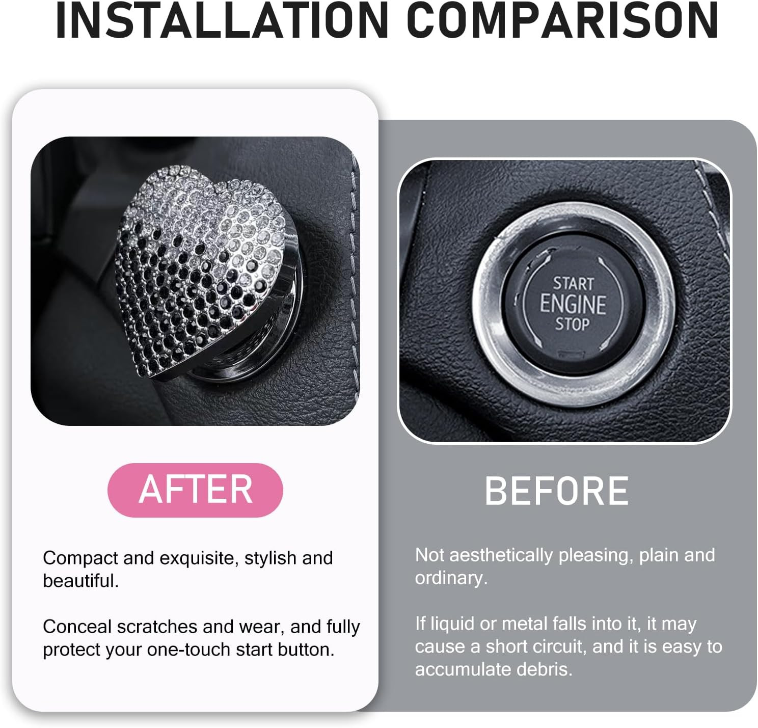 Bling Push Start Button Cover, Heart-Shaped Rhinestone Engine Start Stop Button