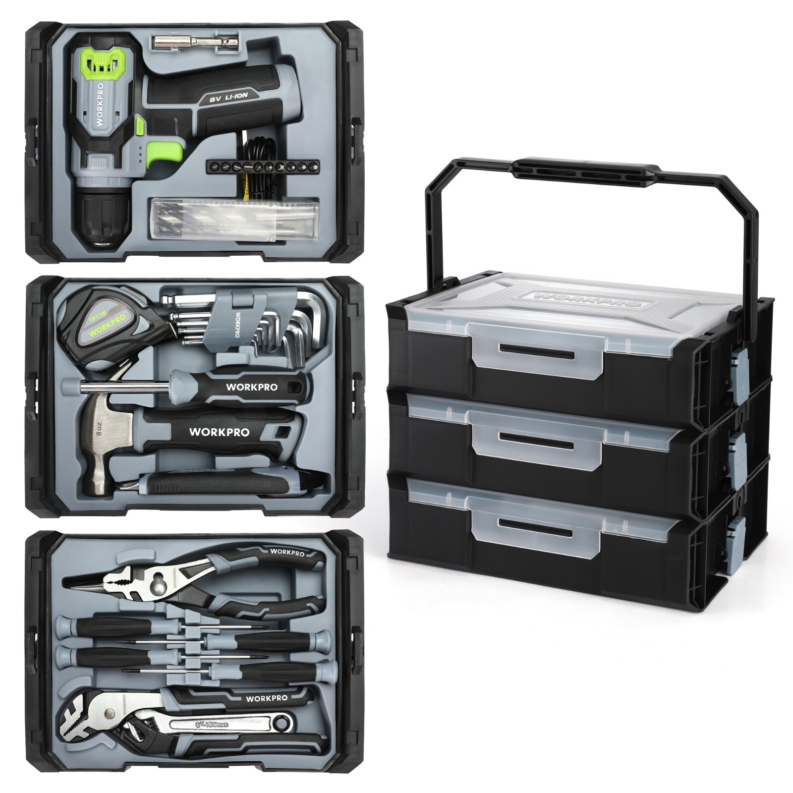 WORKPRO 43PCS Cordless Lithium-ion Drill Driver and Toolbox, 8V 2.0 Ah Power