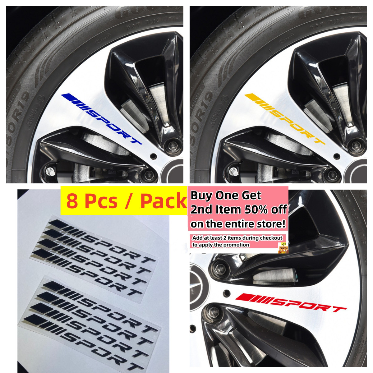 Set of 8 : Sport Mark Car Wheel Rim Auto Decals Universal Reflective Car Sticker