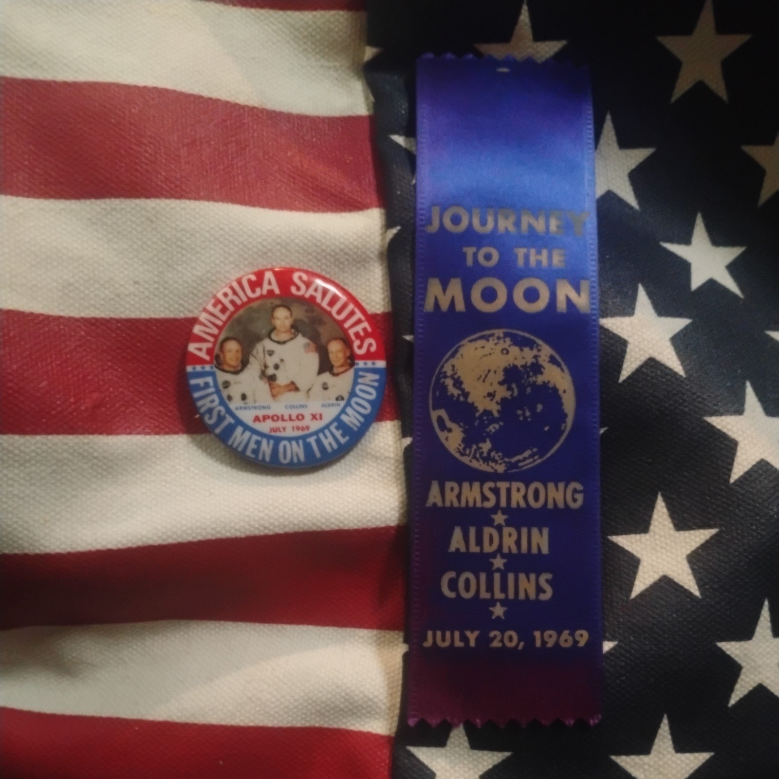 ORIGINAL! 1969 NASA Appolo 11 Moon Landing Pin & Ribbon Lot UNUSED!