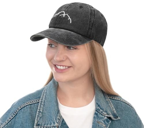 Vintage Washed Distressed Baseball Cap Adjustable One Size Mountain Black