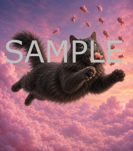 Jpg image file FLYING GREY CAT CATCHING FISHES ABOVE PINK CLOUDS (2)