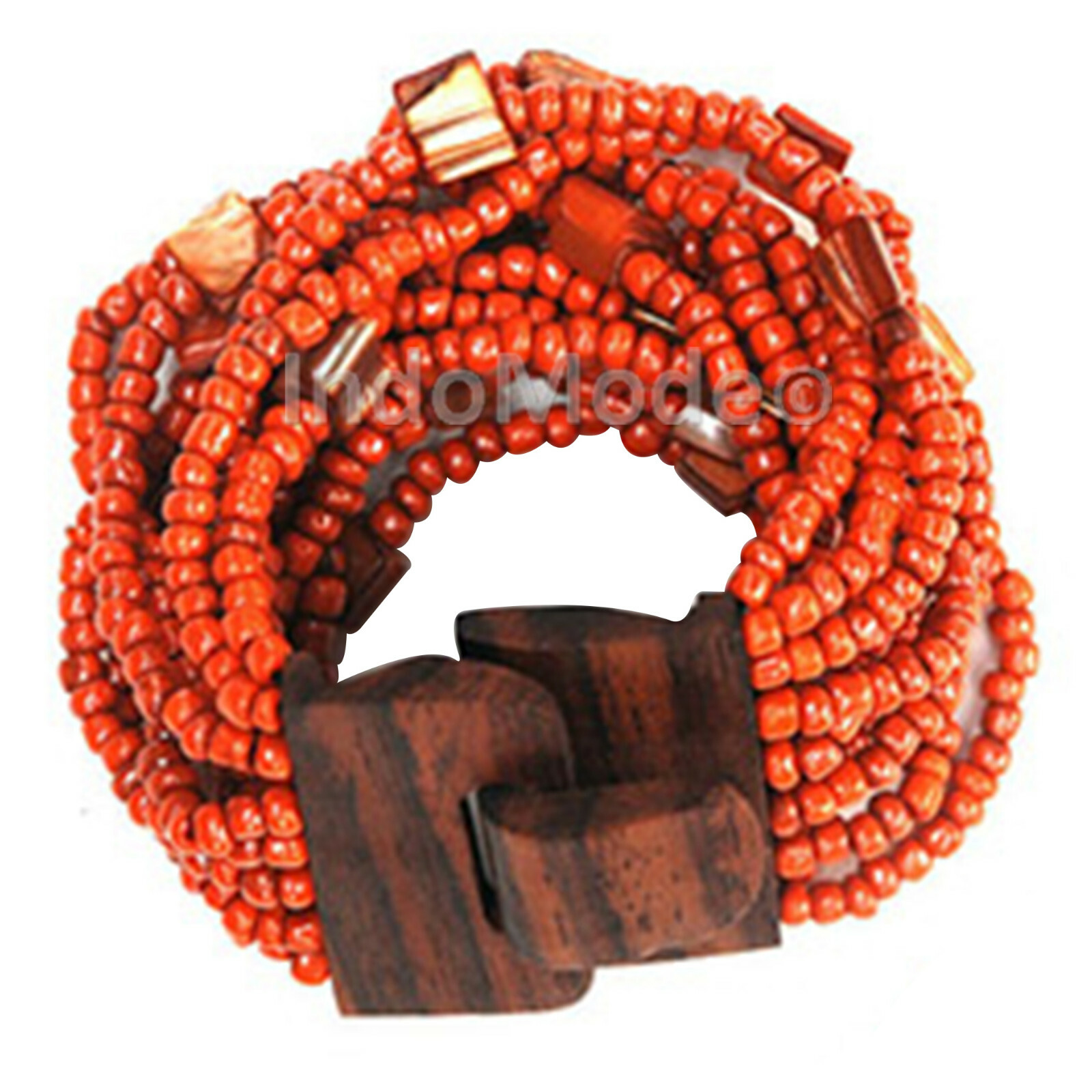 Orange 14 Elastic Strand Hand-crafted Adjustable Beaded Bracelet Hard Wood Clasp
