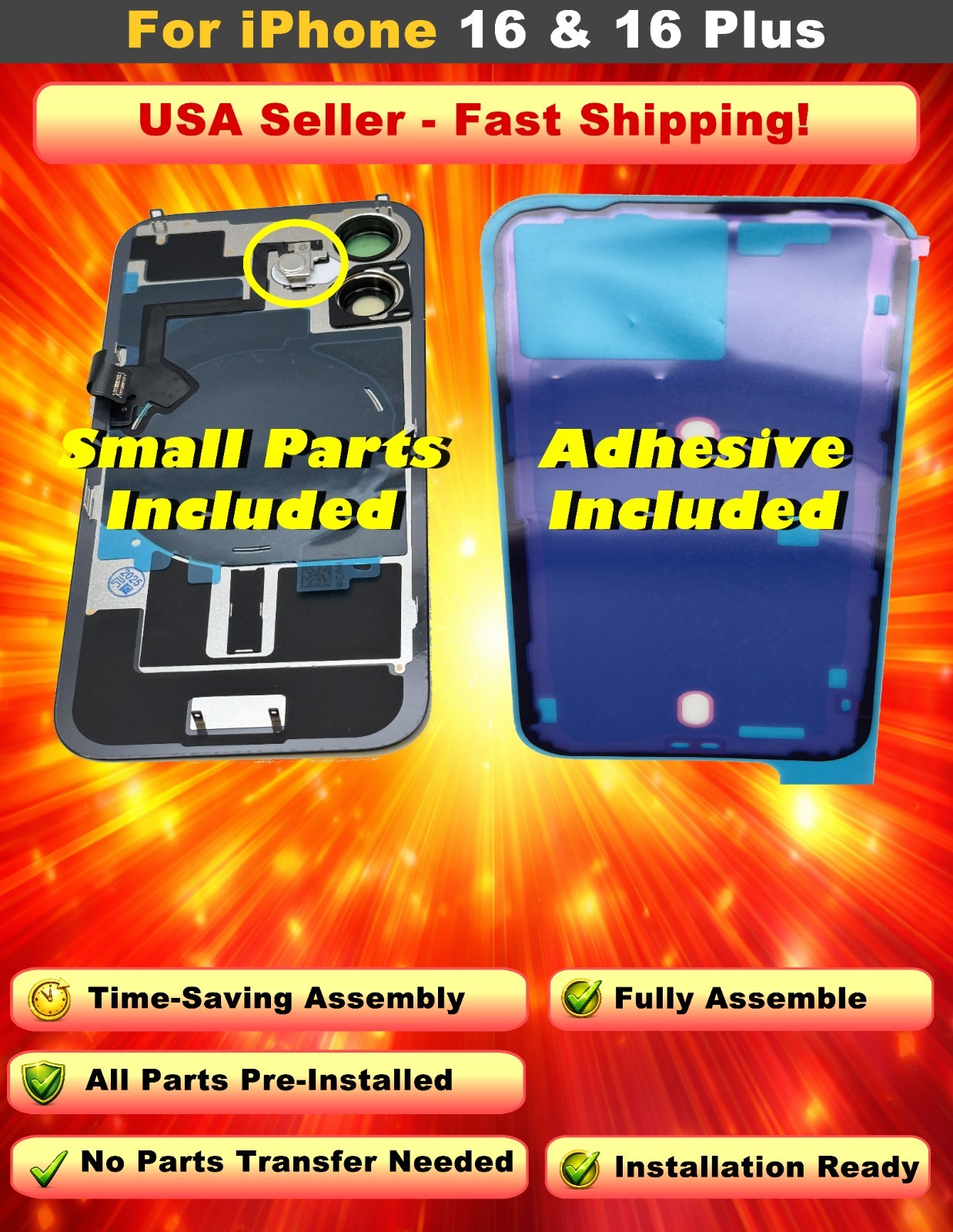 iPhone 16 / 16 Plus Back Glass Rear Cover w/ Flash Mic Charging Flex & Adhesive