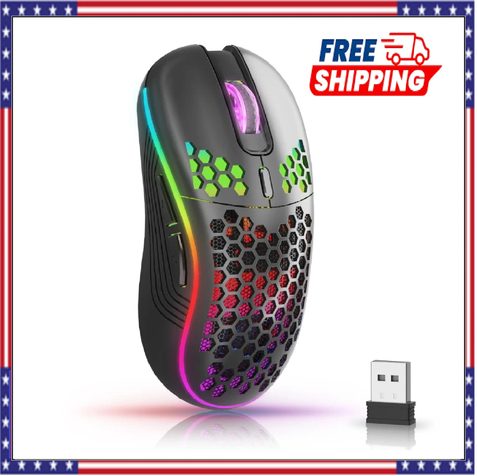Wireless Mouse Gaming Rechargeable Optical Mouse Cordless 7 Color LED Backlit PC