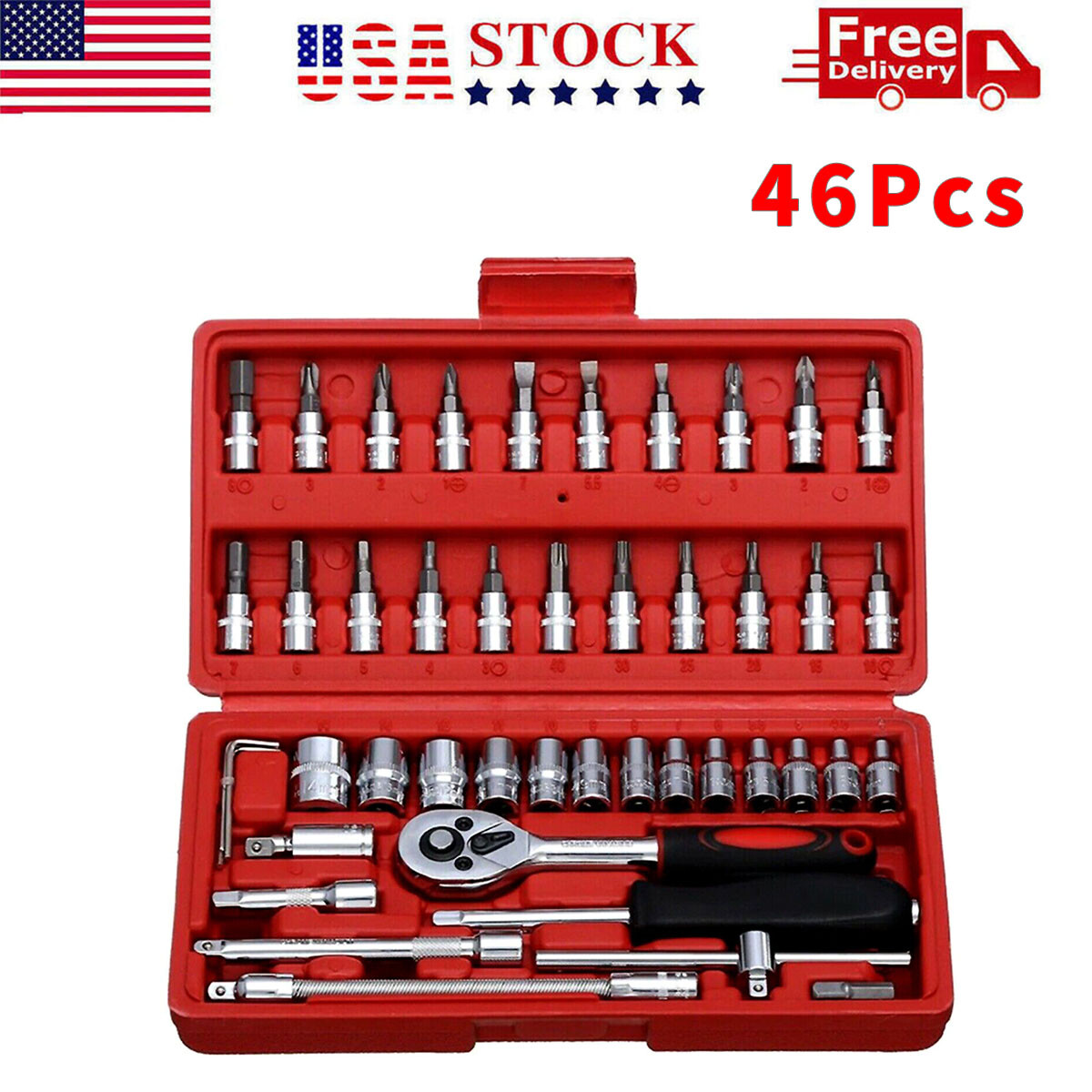 46Pcs 1/4 inch Drive Socket Ratchet Wrench Set for Auto Car Repairing With Case