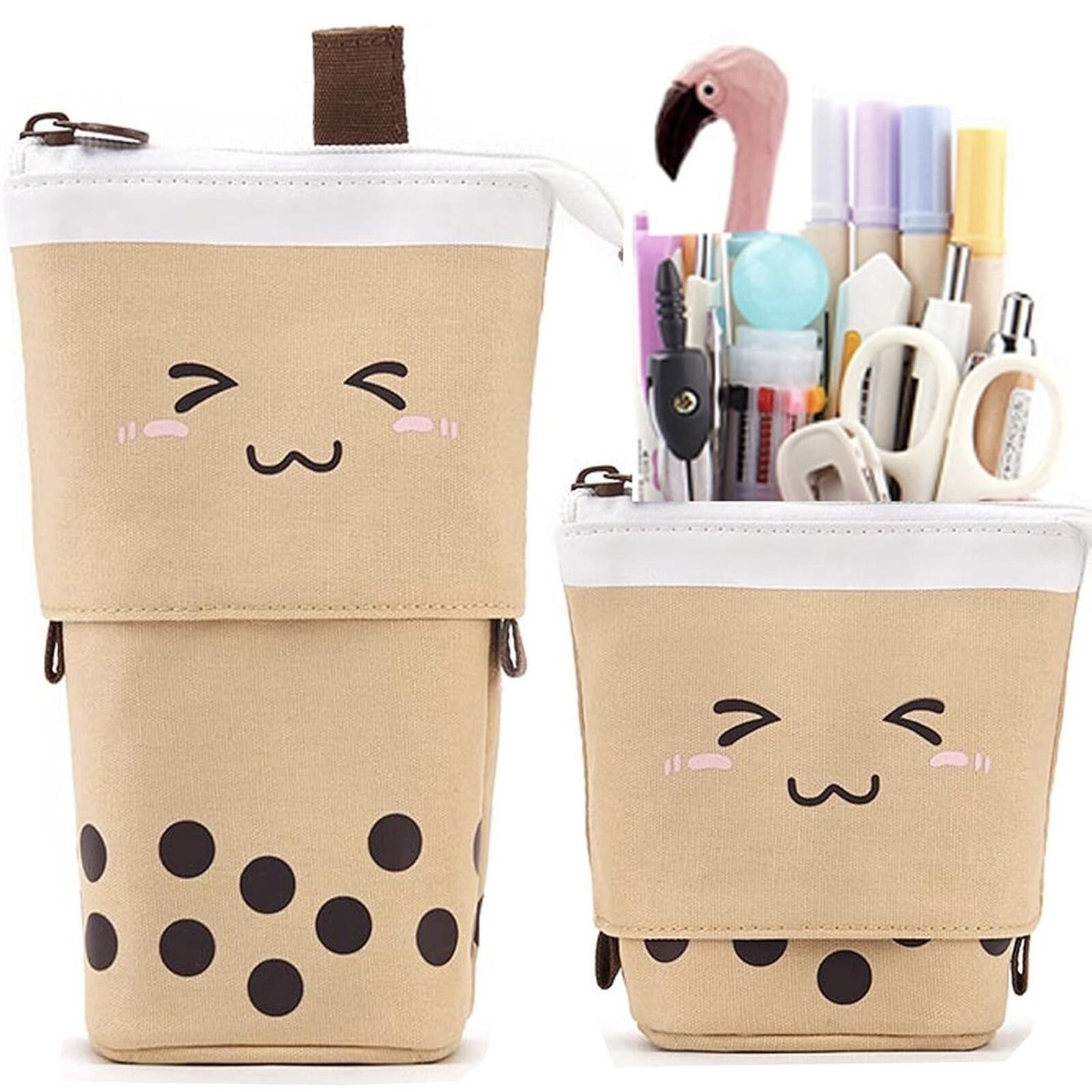 Boba Tea with Straw Standing Telescopic Pencil Makeup Holder Zippered Pouch