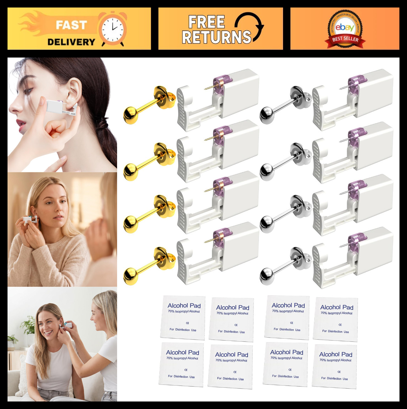DIY Ear Piercing Kit - Disposable Piercing Gun, 8 Fashion Studs & Cleaning Pads