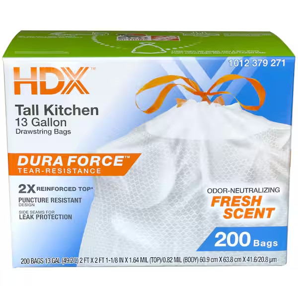 13 Gallon Fresh Scented Tall Kitchen Trash Bags with Drawstring  200 Count