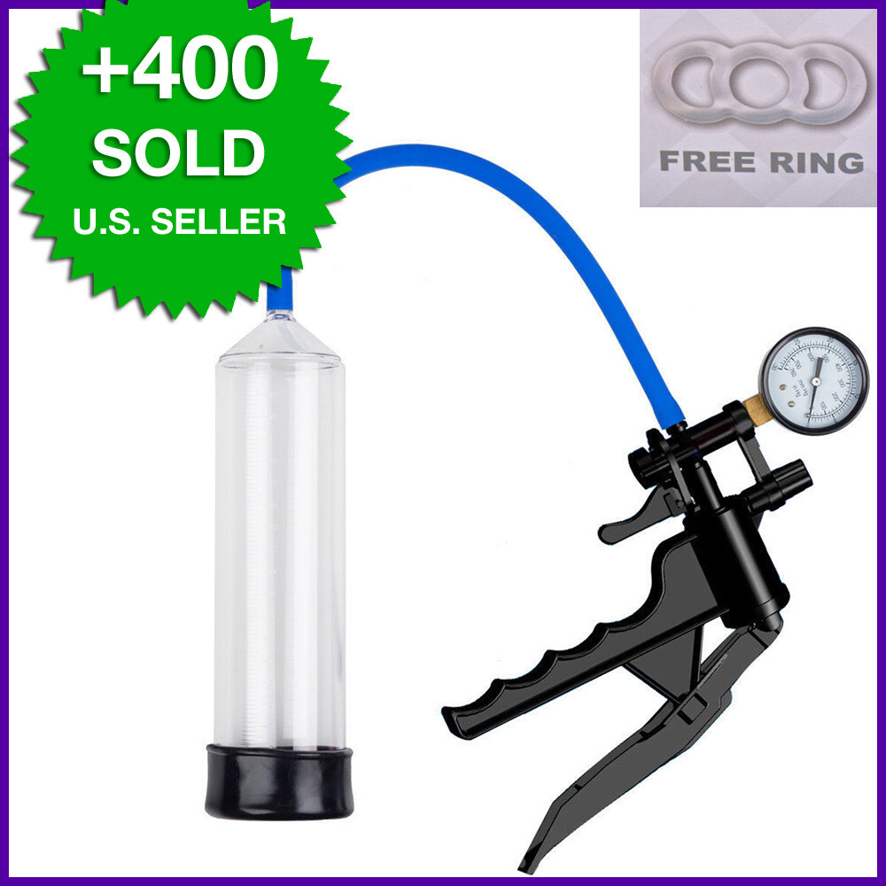 Plastic Pistol Penis Pump with Gauge QR Valve, Free Ring, Enlarger Bigger Vacuum
