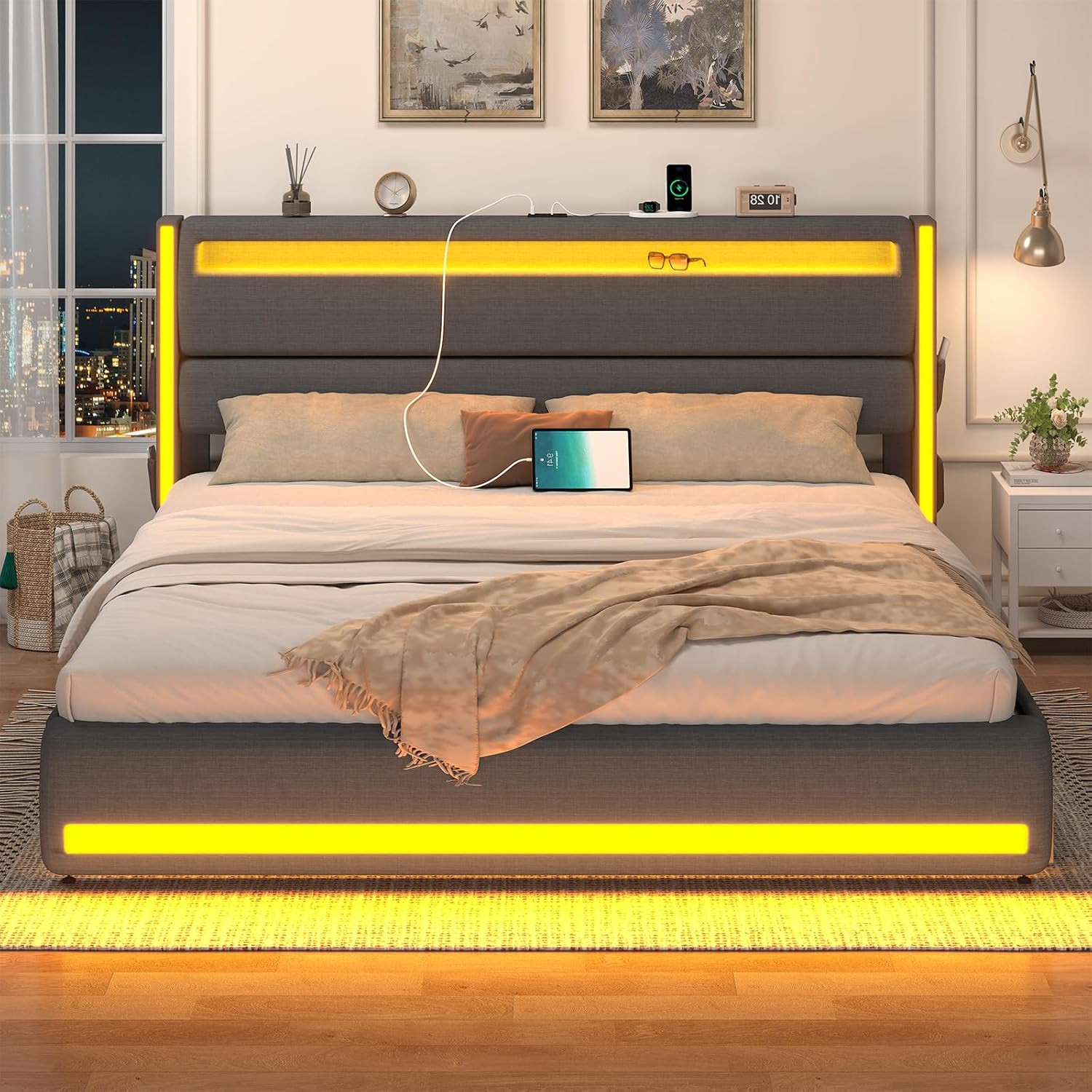 King Size Bed Frame and Adjustable Headboard, Light up King Size Platform Bed Fr