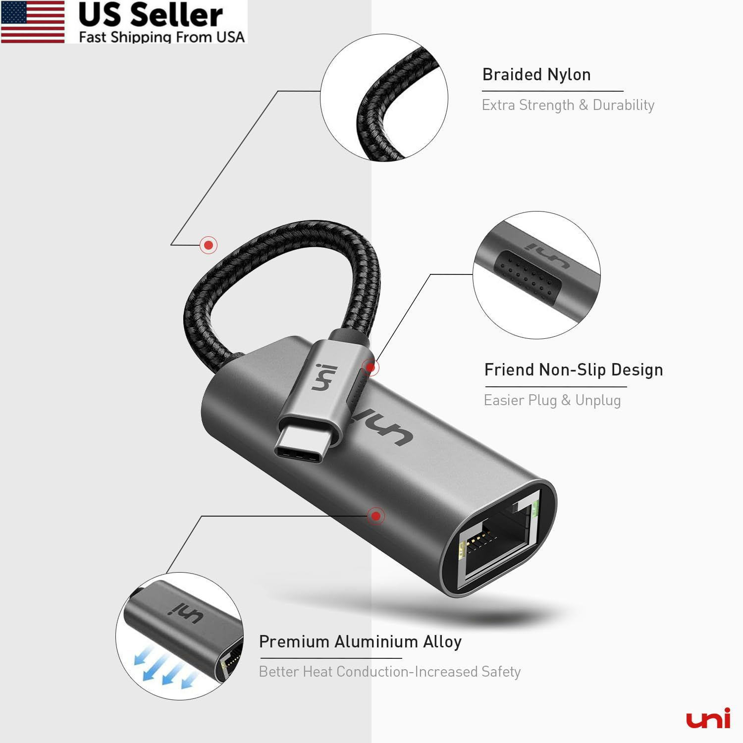 uni USB C to Ethernet Adapter, Driver Free RJ45 C [Thunderbolt Grey