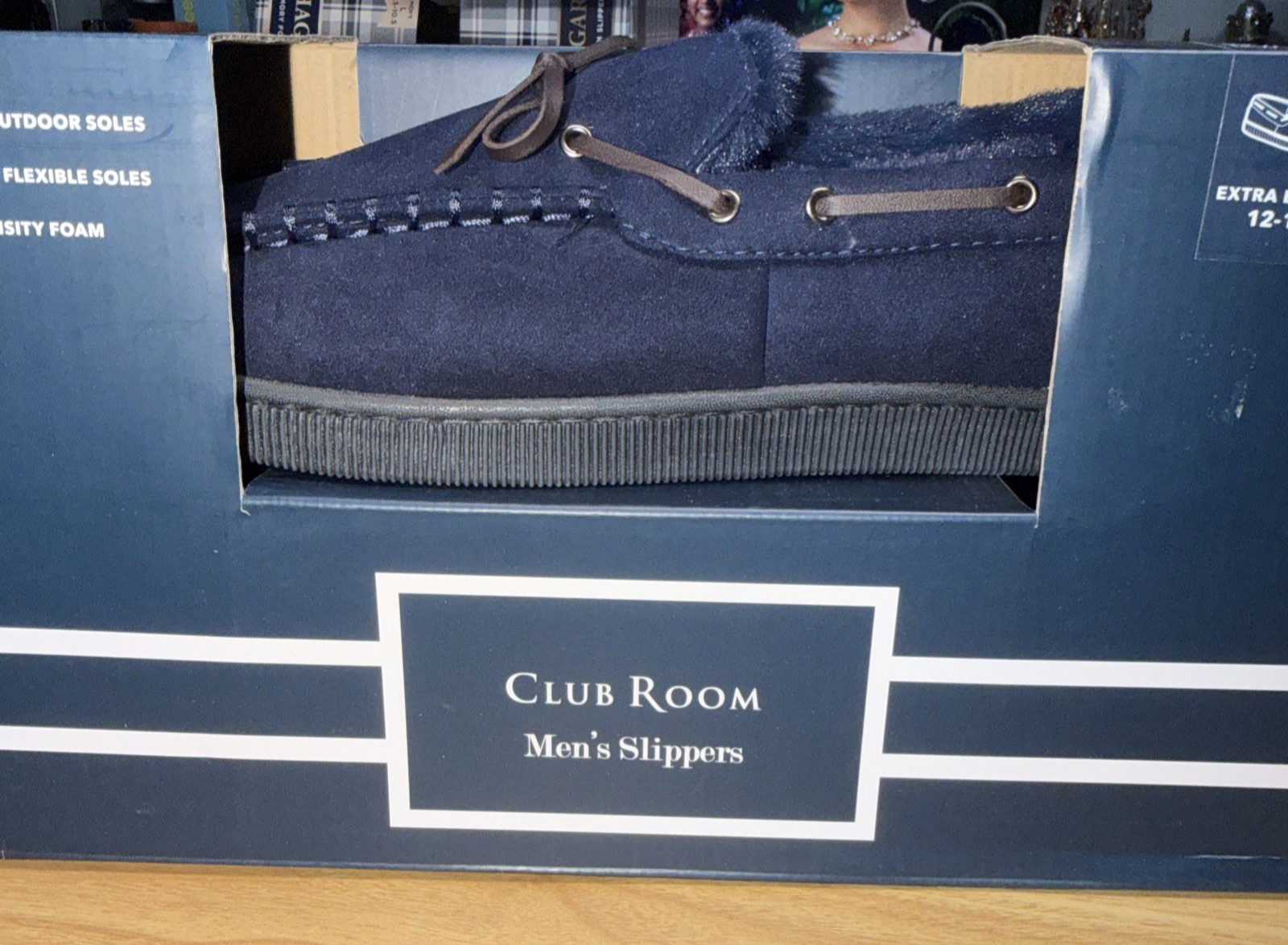 Club Room Men's Faux-Suede Moccasin Slippers with Faux-Fur Lining, Navy, 12-13