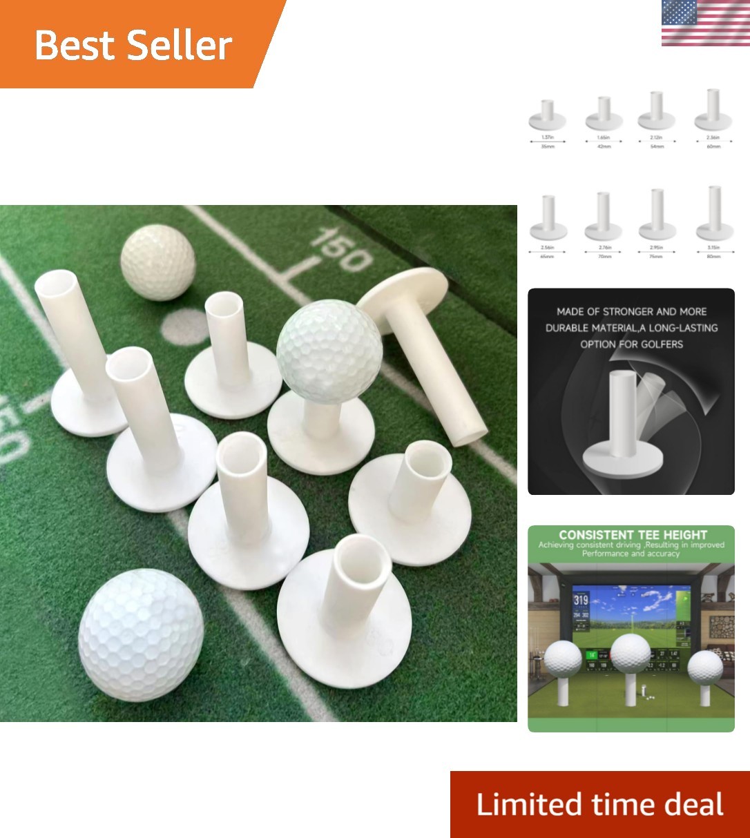 Rubber Golf Tees for Mats & Indoor Golf Simulators - 8 Pack Mixed Size for Dr...