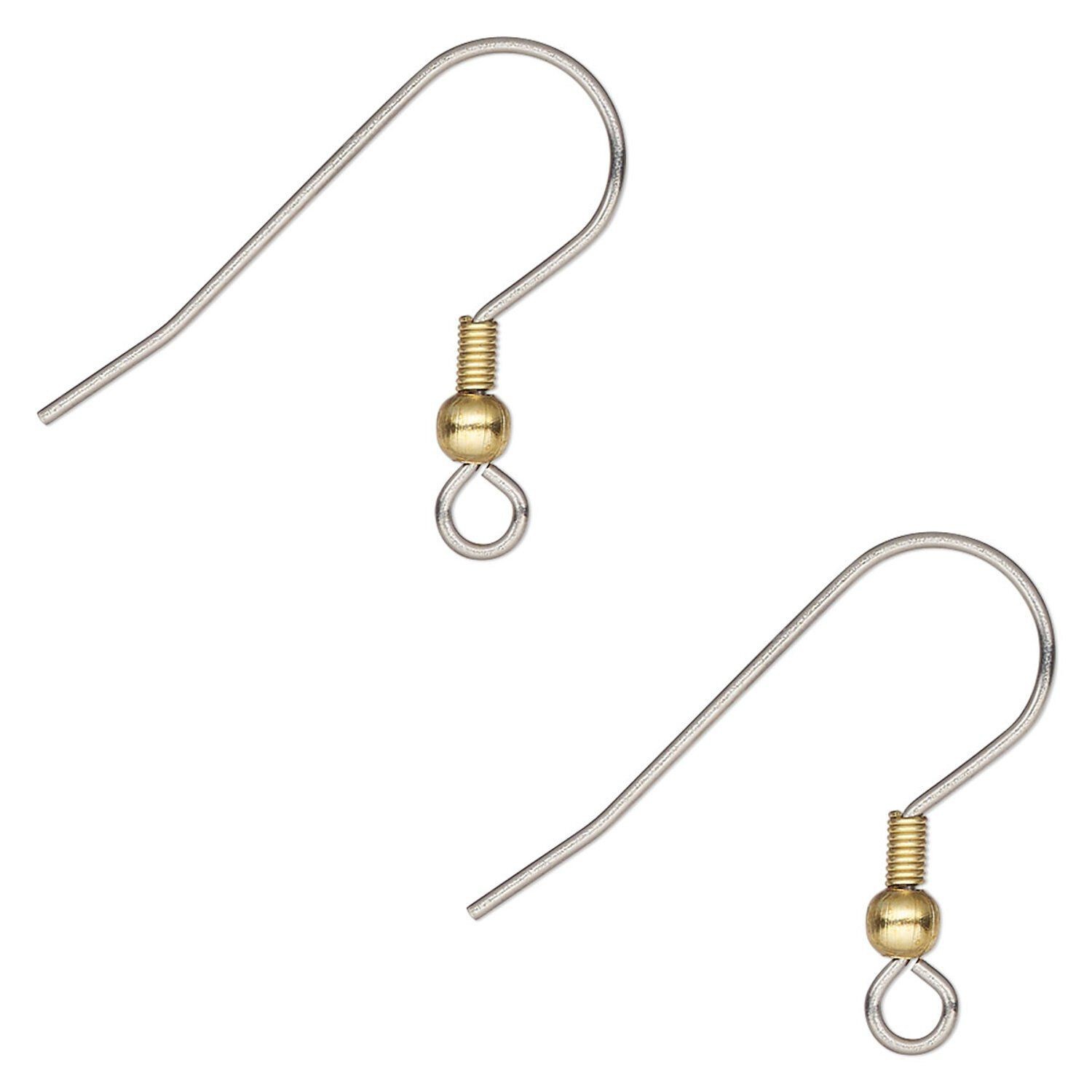 100 Stainless Steel 21 Gauge 20mm Fish Hook Earwires with Gold Ball & Coil