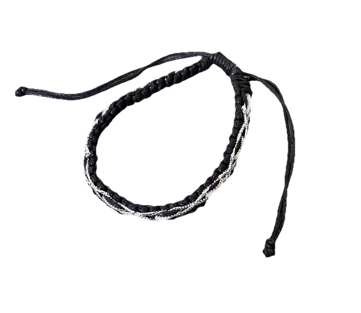 Silver Black Woven Rope Bracelet Artisan Handmade
