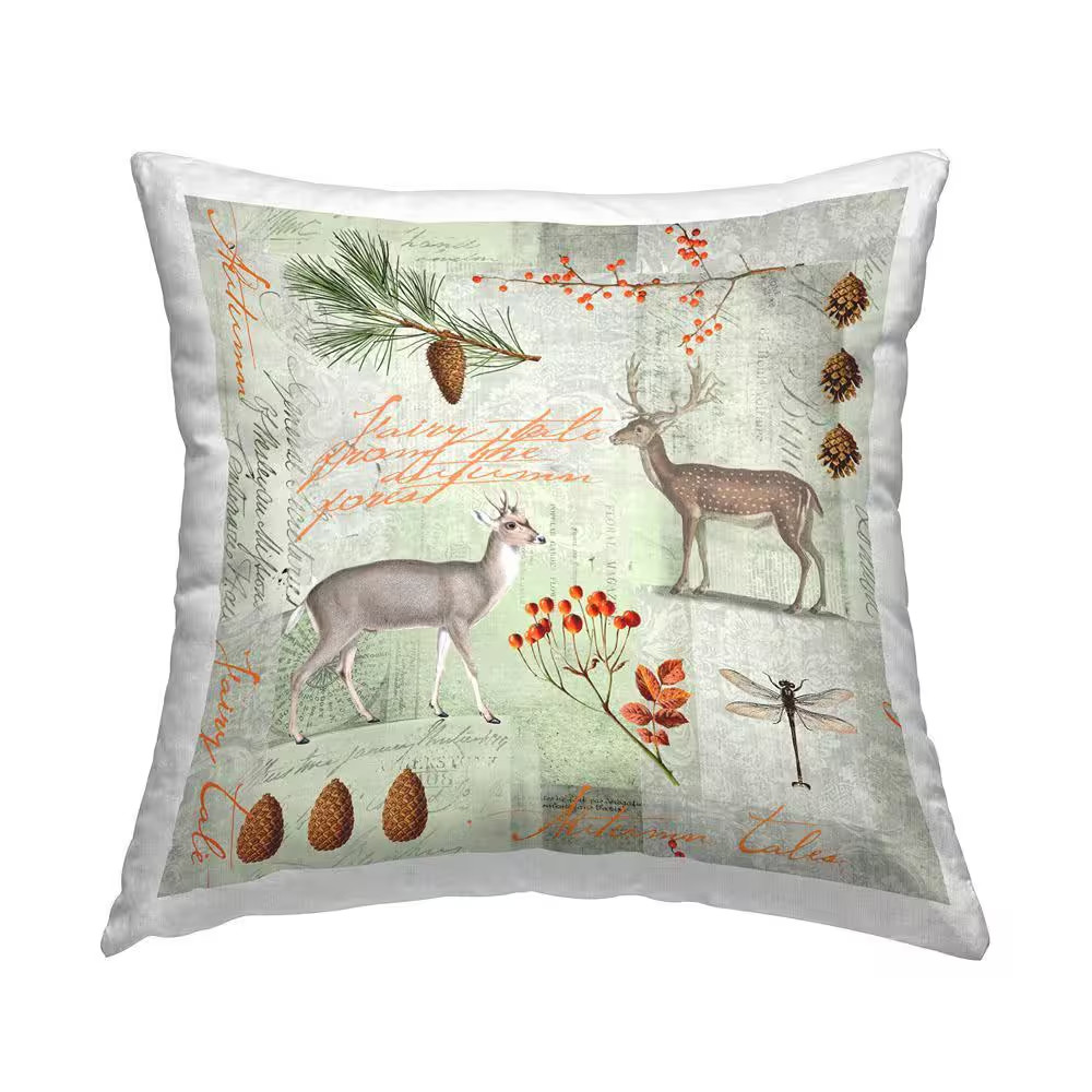 Woodland Botanical Animal Collage Multi-Color Abstract Polyester 18In. X 18In. T