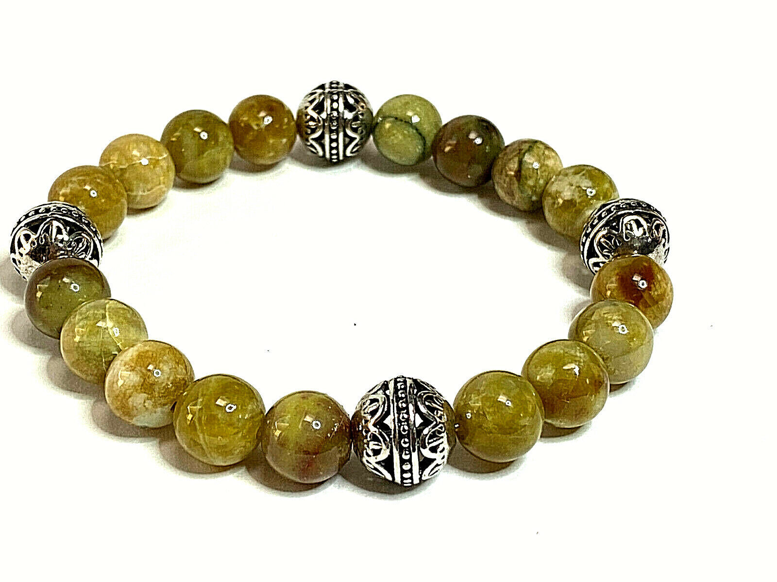 Handmade 10mm Martini Olive Opal & .925 Tibetan Sliver Bead Bracelet
