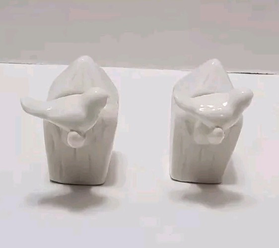 Birdhouse Shaped Toothpick Match Holder 2 Pack W/ White Birds Perched Ceramic