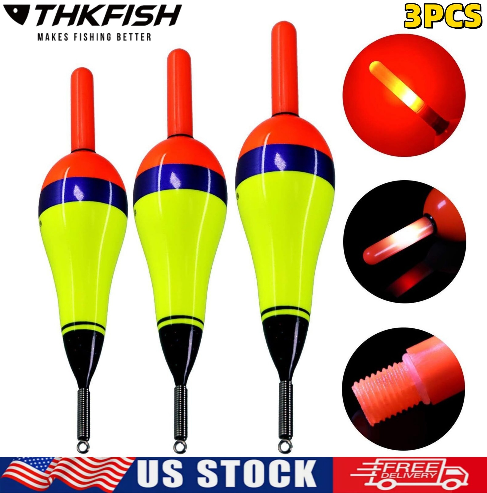 THKFISH 3Pcs Fishing Bobbers Fishing Floats Led Fishing Floats Lighted Bobbers
