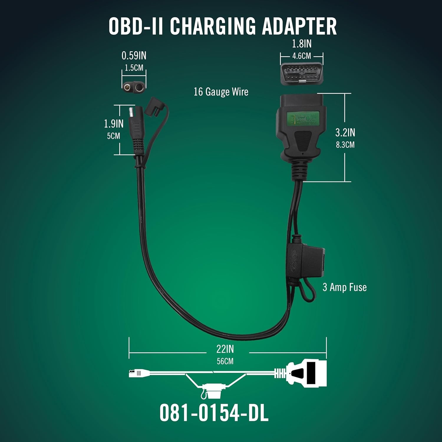 Adapter cable for 12V battery charging - 22-inch cable -