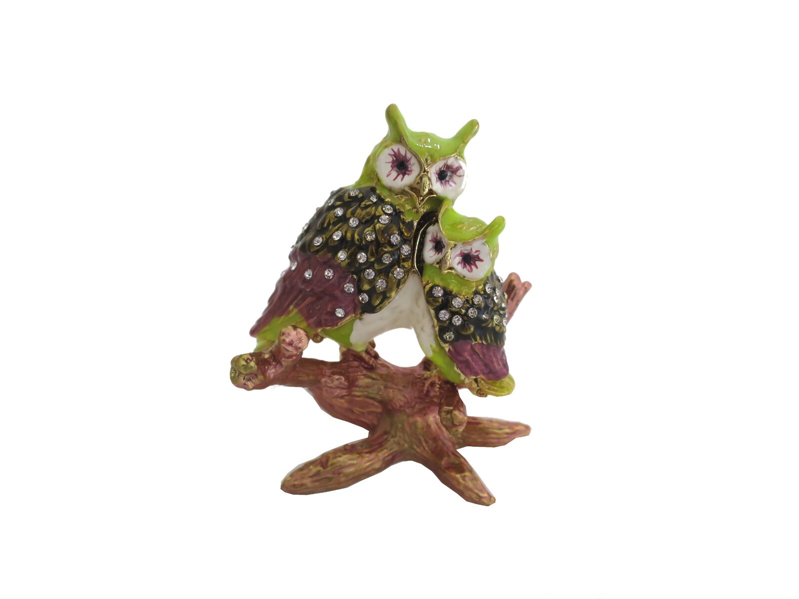 1 Bejeweled Green Owl Mom & Baby Hinged Metal Enameled Crystal Trinket Box