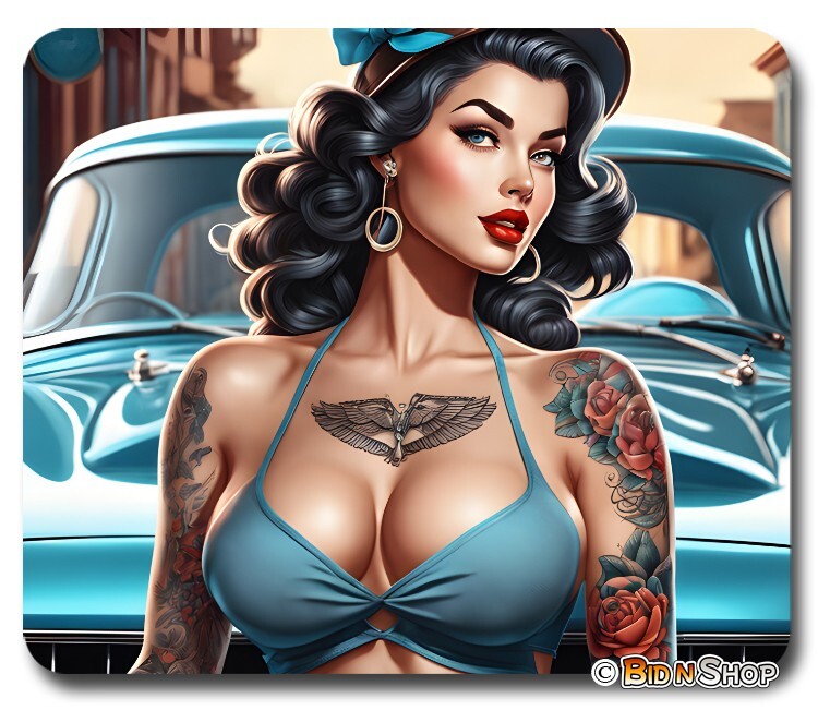 Sexy Tattoo Pinup Girl & Classic Car Mouse Pad / PC Mousepad ~ Pin Up Girls Gift